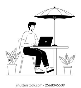 A hand drawn illustration of a character working in patio office