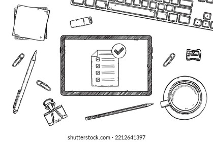 Hand drawn illustration of checklist with check marks showing on tablet screen. The tablet is on the desk in the office. Sketch style vector file.