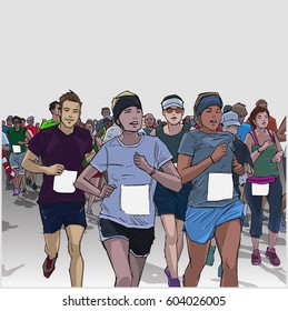 Hand drawn illustration of cheerful crowd running marathon in color with blank signs