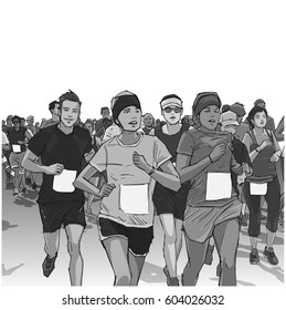 Hand drawn illustration of cheerful crowd running marathon in grey scale and blank signs