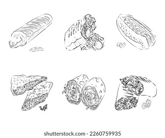 hand drawn illustration of cheese in pita bread on a white background
