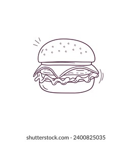Ilustración Hand Drawn del icono del cheeseburger. Ilustración del esbozo del vector Doodle
