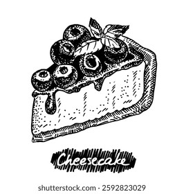 Hand drawn illustration of cheesecake. Dessert templates collection for menu design, flyers and brochures. Engraving style hand drawn sketch, vector illustration.