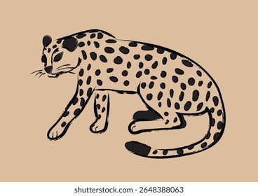 Desenhado à mão Ilustração de uma Chita no Fundo Bege. Impressão de leopardo. Arte moderna. Ilustração vetorial de contorno.
