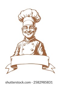 hand drawn illustration of a chef with a blank ribbon banner