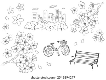 Ilustração desenhada à mão de flores de cerejeira, banco e bicicleta