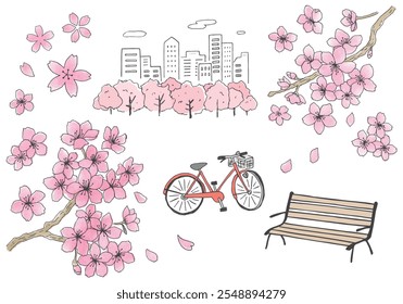 Ilustração desenhada à mão de flores de cerejeira, banco e bicicleta