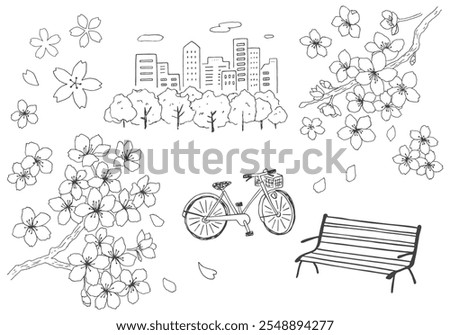 Hand drawn illustration of cherry blossoms, bench and bicycle