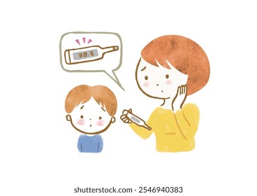 Ilustração desenhada à mão de uma criança e uma mãe preocupada com a febre de seu filho.