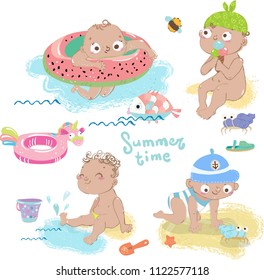 Hand drawn illustration of children on summer beach, cute collection