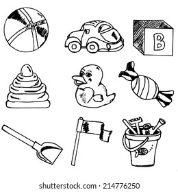 hand drawn illustration, children's toys, set, doodle 