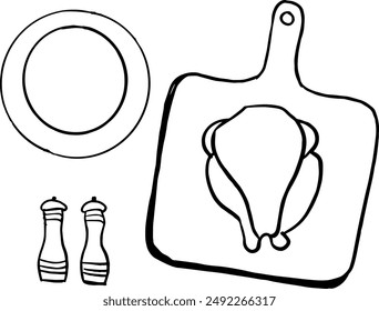 hand drawn illustration of chopping board and chicken