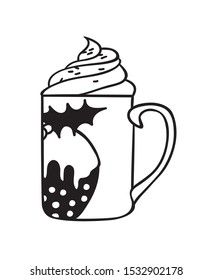 Hand drawn illustration Christmas cup of coffee. Creative ink art work. Actual vector drawing fresh and hot drink