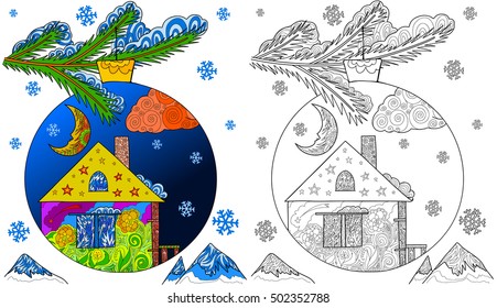 Hand drawn illustration of Christmas fir with decoration in form a house in ball in doodle style for anti stress adult coloring book and example.