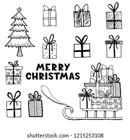 Hand drawn illustration of Christmas gift boxes, presents with Merry Christmas text. Doodle sketch style design for your cards, stickers, icon. Vector illustration drawn by ink brush-pen.