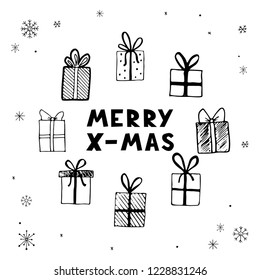 Hand drawn illustration of Christmas gift boxes, presents with Merry X-mas text. Doodle sketch style design for your cards, stickers, icon. Vector illustration drawn by ink brush-pen.