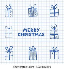 Hand drawn illustration of Christmas gift boxes, presents with Merry Christmas text. Doodle sketch style design for your cards, stickers, icon. Vector illustration drawn by ink brush-pen.