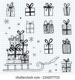 Hand drawn illustration of Christmas gift boxes, presents. Doodle sketch style design for your cards, stickers, icon. Vector illustration drawn by ink brush-pen.