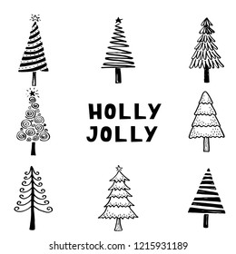 Hand drawn illustration of Christmas tree. Doodle and scribble sketch style design for your cards, stickers, label, icon. Vector illustration drawn by ink brush-pen.