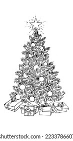 Dibujo manual del árbol de Navidad y envoltura de regalo bajo él en época de Navidad. Técnica de dibujo o grabado de carbón vegetal.