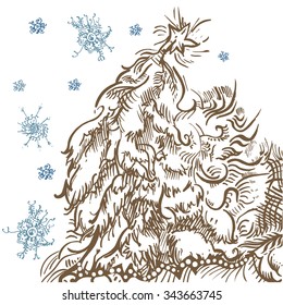 Hand drawn illustration with christmas tree. EPS 10