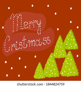  hand drawn illustration for christmass or new year with cute pine trees and snowflakes on red background,template for cover design,postcard,greeting lettering in the middle,holiday wishes