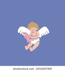 A hand drawn illustration of a chubby Cupid writing a love letter or writing the couple list