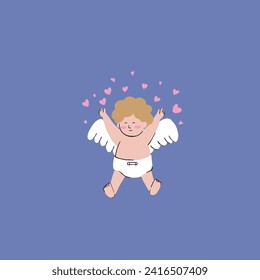 A hand drawn illustration of a chubby Cupid spreading love by throwing the love 