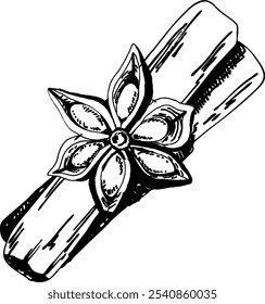 Hand drawn illustration of cinnamon sticks and anise stars. Vector EPS 10. Culinary graphic elements, food ingredients, spice drawing, idea for Christmas graphics, ingredients for mulled wine