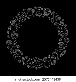 A hand drawn illustration of a circle frame made of cute coffee cups, donuts, cupcakes, and candy imagery