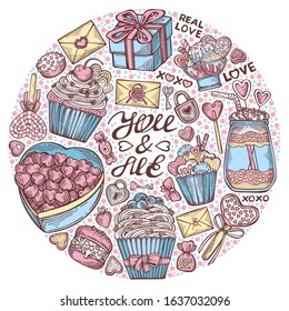 Hand drawn illustration in a circle on the theme of Valentine's Day. Isolated objects and hand drawn lettering on a white background. Pastel colors for lovers. Vector illustration
