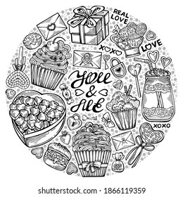 Hand drawn illustration in a circle on the theme of Valentine's Day. Isolated objects and hand drawn lettering on a white background. Pastel colors for lovers. Vector illustration