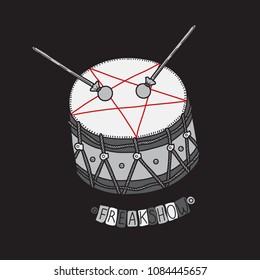 Hand drawn illustration of circus tin hell drum with drumsticks and letters halloween party.  Isolated vector on a dark background.