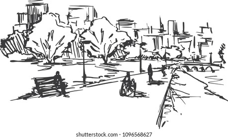 Hand Drawn Illustration City Park ,sketch Vintage Style,trees In The Park