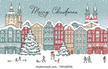 Hand drawn illustration of a city in winter at Christmas time, with small people, cathedral and Christmas trees