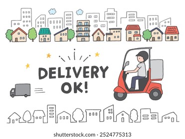 Hand drawn illustration of cityscape and delivery bike