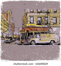 Hand drawn illustration of a cityscape. Vector background.