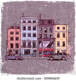 Hand drawn illustration of a cityscape. Vector background.