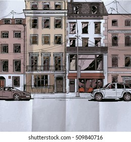 Hand drawn illustration of a cityscape. Vector background.