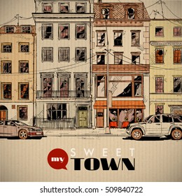Hand drawn illustration of a cityscape. Vector background.