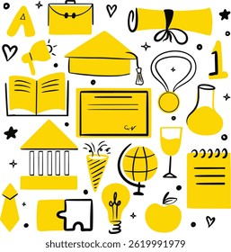 Hand drawn illustration for class of 2025 graduation, University elements collection, Blackboard back to school background, Set of Graduation Doodle Line Art Vector Illustration