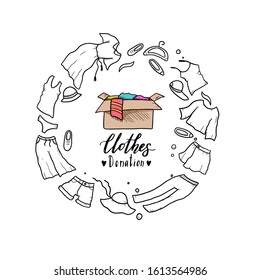 Hand drawn illustration of clothes donate, charity, care concept. Doodle sketch style elements of clothes, donation box for logotype, banner, icon design. Vector illustration.