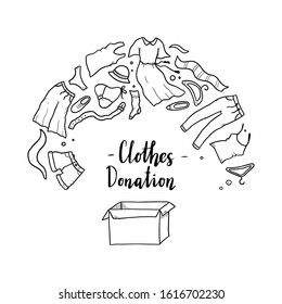 Hand drawn illustration of clothes donate, charity, care concept. Doodle sketch style elements of clothes, donation box for logotype, banner, icon design. Vector illustration.