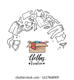 Dibujado a mano ilustración de ropa donar, caridad, concepto de cuidado. Elementos de ropa estilo boceto Doodle, caja de donación para logotipo, Anuncio, diseño de íconos. Ilustración vectorial.