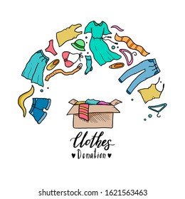 Hand drawn illustration of clothes donate, charity, care concept. Doodle sketch style elements of clothes, donation box for logotype, banner, icon design. Vector illustration.