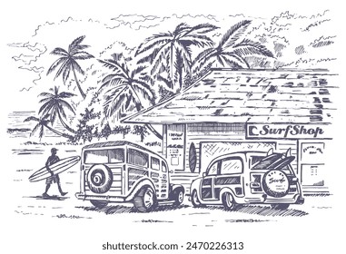 Hand drawn illustration of coastal landscape with surf shop. Art in a laid-back style for prints on t-shirts, decoration, etc.