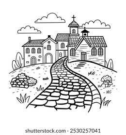 Ilustração desenhada à mão de um caminho de paralelepípedo que conduz a uma aldeia com edifícios