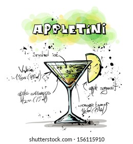 Hand drawn illustration of cocktail. APPLETINI. Vector collection.