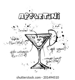 Hand drawn illustration of cocktail. APPLETINI. Vector collection.