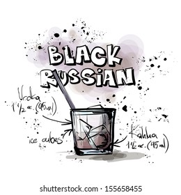 Hand drawn illustration of cocktail. BLACK RUSSIAN. Vector collection.